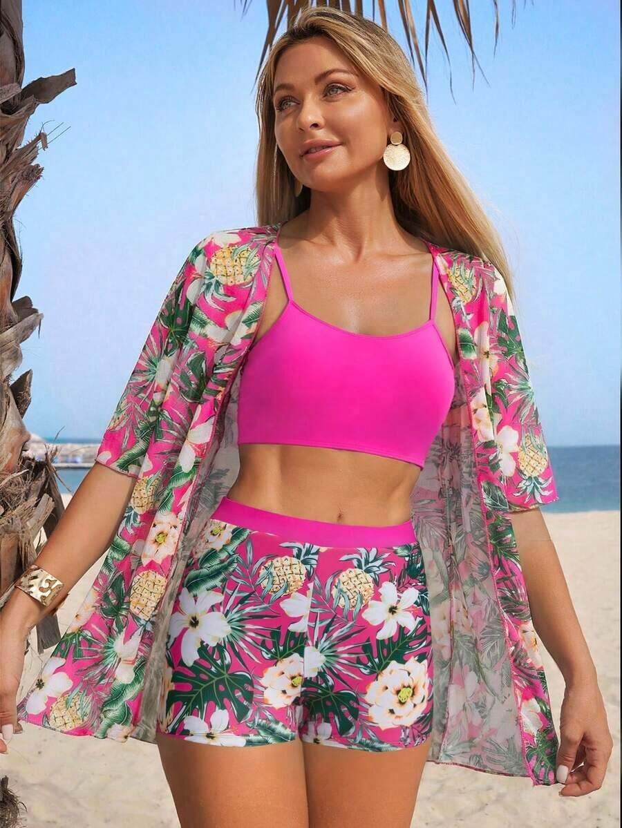 Conjunto de playa de 3 piezas para mujer: top de bikini corto negro, kimono de malla y shorts - Multicolor 8 - Ver 1