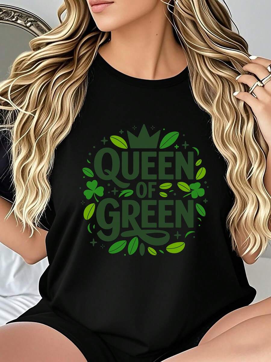 Women's St. Patrick's Day Spring Short Sleeve T-Shirt - QUEEN IN GREEN With Crown, Green Leaves, Irish Green, Shamrock, Lucky, Festive Print. Comfortable, Soft, Breathable For Sports, Everyday Wear, Women's Pajamas, Running, Fitness. Perfect Valentine's Day Gift. - 黑色 - 查看 1