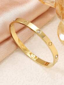 3pcs/Set Stainless Steel Nail With Clover Charm Bracelet Set, Suitable For Women Daily Wear, Christmas Gifts, Holiday Presents - Yellow Gold - View 6