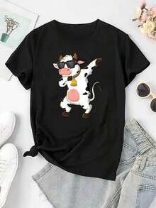 1 Piece Casual Fashion Men's And Women's T-Shirt With Cute Cow Print, Ballerina Cow Is Black And White And Pink Belly Button - Summer Top With Short Sleeves And Round Neck, Comfortable Casual Wear For All Seasons, Cow Pattern Blouse For Parties And Daily Outfits | Exquisite Design | Loose And Comfortable | Easy To Match | Versatile, Easy To Match, For Daily Wear, Urban Style, Vacation Outfits, Weekend Outfits. - 黑色 - 查看 2