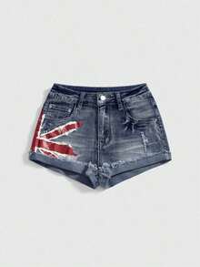 Grunge Punk Shorts vaqueros de cintura baja con estampado de bandera nacional de estilo vintage Y2K sexy para mujeres, para conciertos y festivales de verano - Azul lavado oscuro - Ver 6