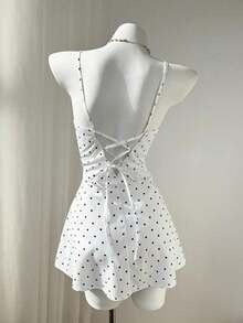 Vestido mini ajustado de línea A, sexy, con camisola de lunares - Blanco - Ver 2