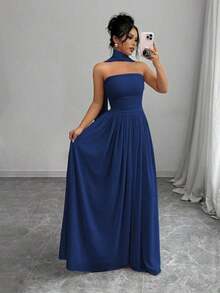 1 pieza Vestido largo de mujer de unicolor con detalle de pliegues, vestido largo elegante sin mangas para mujer - Azul marino - Ver 3