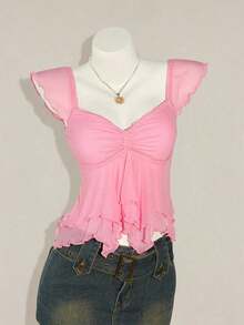 Top sin mangas con volantes, escote con pliegues, ajuste ceñido, parches de malla sexy, espalda con lazo, top casual de vacaciones - Rosa - Ver 6