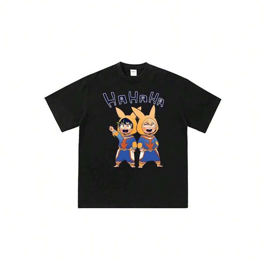 Camiseta unisex de manga corta informal para uso diario con estampado de anime de My Heros Academias, Dekus y Bakugos (estilo chibi). - Negro - Ver 1