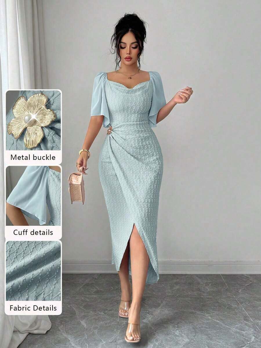 Vestido elegante ajustado con cuello de volantes, mangas de pétalos y hebilla metálica de bloque de color para mujer, primavera/verano - Verde - Ver 1
