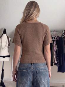 Women's New V-Neck Short Sleeve Knit Top, Sexy - Brownish-brown - View 6
