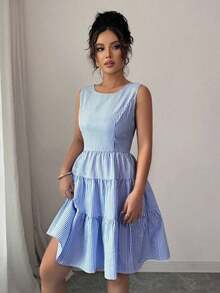 Vestido corto sin espalda con lazo y rayas, estilo francés para mujeres - Azul y blanco - Ver 6