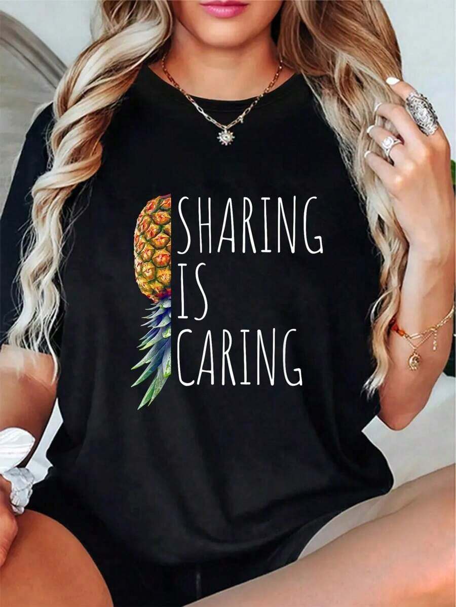 Camiseta Casual 100% Algodón Divertida con Estampado 'Compartir Es Cuidar' Piña Al Revés - Negro - Ver 1