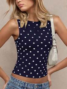 Blusa sin mangas de lunares para mujer, casual, sexy y de moda, adecuada para la calle, fiestas y salir de noche en verano, color blanco - Azul marino - Ver 4