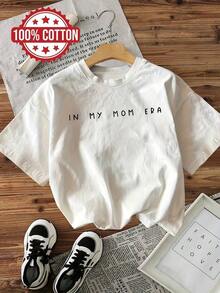 Women's Oversized 100% Cotton Graphic Tee With 'In My Mom Era' Minimalist Print, Mom Life Casual T-Shirt For Women Women's "IN MY MOM ERA" Graphic T-Shirt - White Short Sleeve Crew Neck Casual Top With Bold Black Letter Print, Machine Washable Regular Fit Tee For Spring & Summer, Ladies T Shirts, Soft Fabric Shirt Unisex Short Sleeve Graphic Tee Casual Crewneck T-Shirt - Blanco - Ver 6