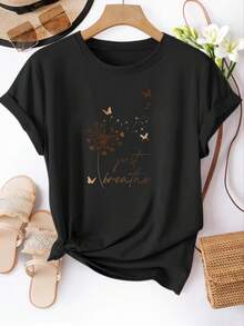 Short-Sleeved T-Shirt With Dandelion Heart Print, Round Neck Top For Women, Casual T-Shirt, Suitable For Daily Wear In Spring/Summer, 100% Cotton Women's Clothing. - 黑色 - 查看 1