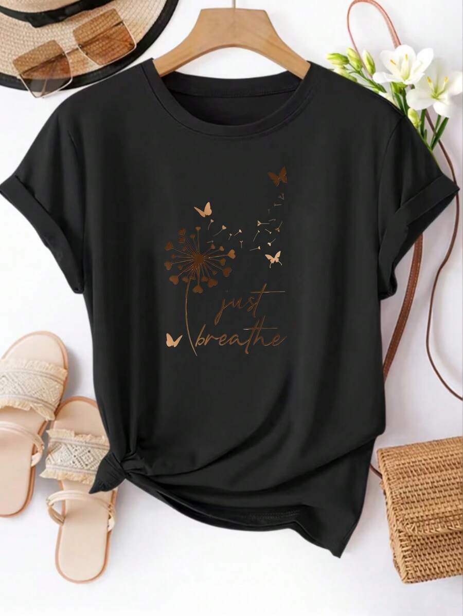 Short-Sleeved T-Shirt With Dandelion Heart Print, Round Neck Top For Women, Casual T-Shirt, Suitable For Daily Wear In Spring/Summer, 100% Cotton Women's Clothing. - 黑色 - 查看 1