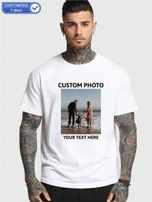 Custom Text/Photo Printed Crew Neck T-Shirt, Personalized T-Shirt For Friends/Couples/Family/Pets, Family Gathering Uniform, Holiday Gift, Wedding Gift, Father's Day Gift, Best Friend Gift, Anniversary Gift, Valentine's Day Gift, Black T-Shirt, Summer Clothes, Summer T-Shirts, Men's T-Shirts, Casual Style, Elegant, Fashionable, Hipster, Simple, Easy Costume, Modest Fashion, Minimalist Chic, Personalized, Unique, Ideal Personalized Gifts For Him, Family, Boyfriend, Friends, For Anniversaries, For Birthdays, For Holidays. - 白色 - 查看 7