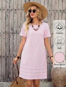 Vestido casual recto de unicolor, cuello redondo, manga corta para mujer, de verano - Rosa - Ver 8
