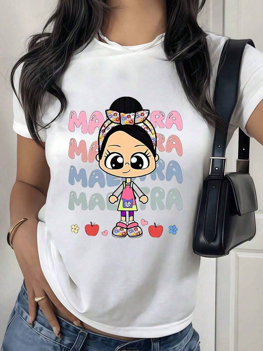 Soft 100% Cotton T-Shirt. Cute Cartoon Teacher Drawing With Colorful Letters, Hearts, Apples, And Flowers Expressing Affection And Gratitude. Women's 100% Cotton T-Shirt, Comfortable And Stylish. Breathable Cotton Tee, All-Match. - 白色 - 查看 1