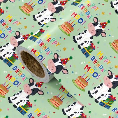 1 Roll "Cute Cow" Wrapping Paper | Featuring Cow Wearing Hat, Cake, Gifts And Colorful Letters On Light Green Background - Ideal For Birthday Gifts, Party Decorations, Kids' Birthdays And Farm-Themed Celebrations - 43 Cm * 300 Cm (17 In * 9.84 Ft) | Holiday Decor, Fun Pattern, Durable Material, Vibrant Colors, Decorative Packaging, Themed Wrap, Children's Celebrations