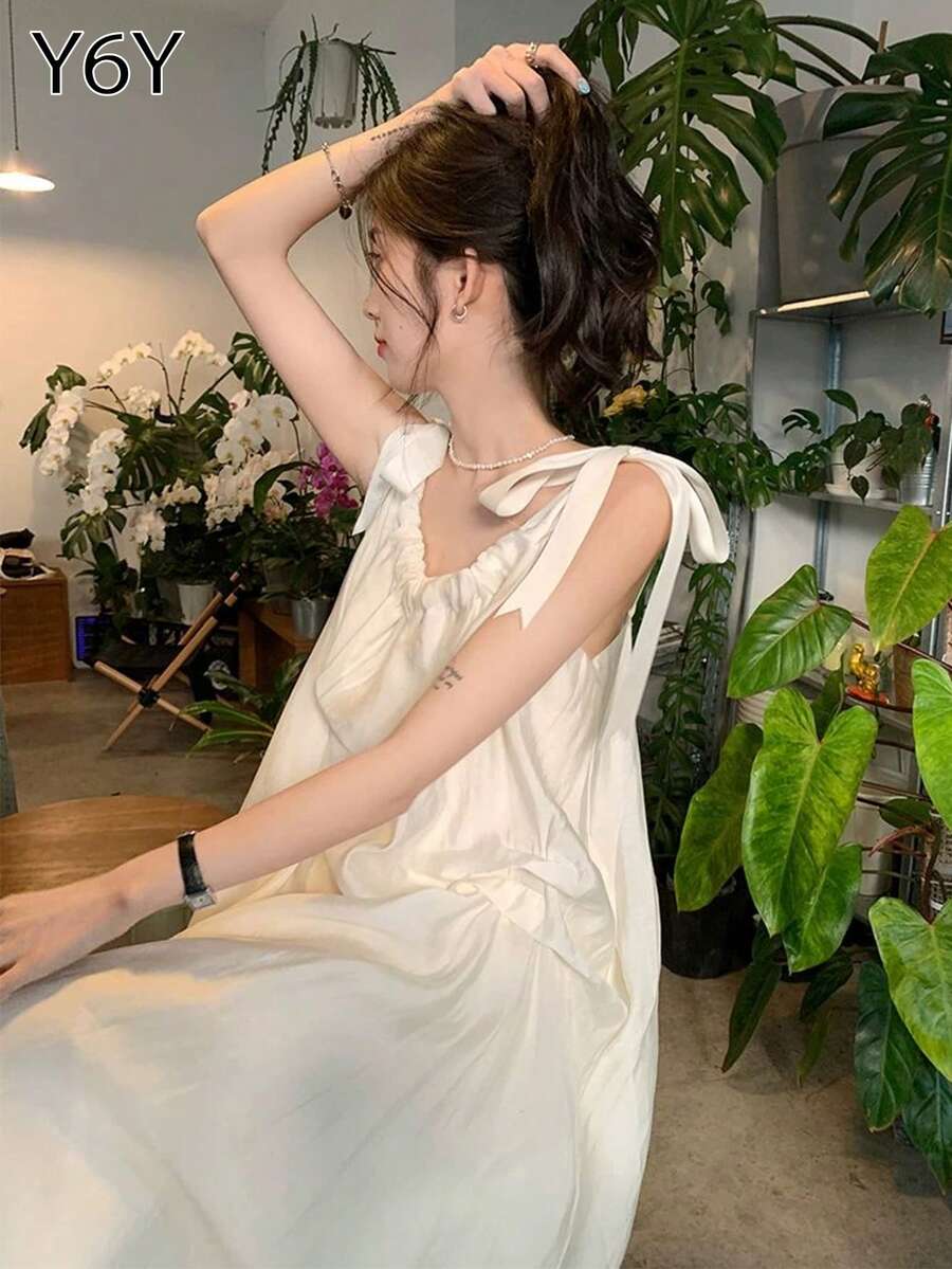 [Y6Y] Đầm hai dây không tay thắt eo dáng rộng dành cho nữ, thích hợp mặc đi biển, nghỉ mát, phong cách thanh lịch - Màu be - Xem 1