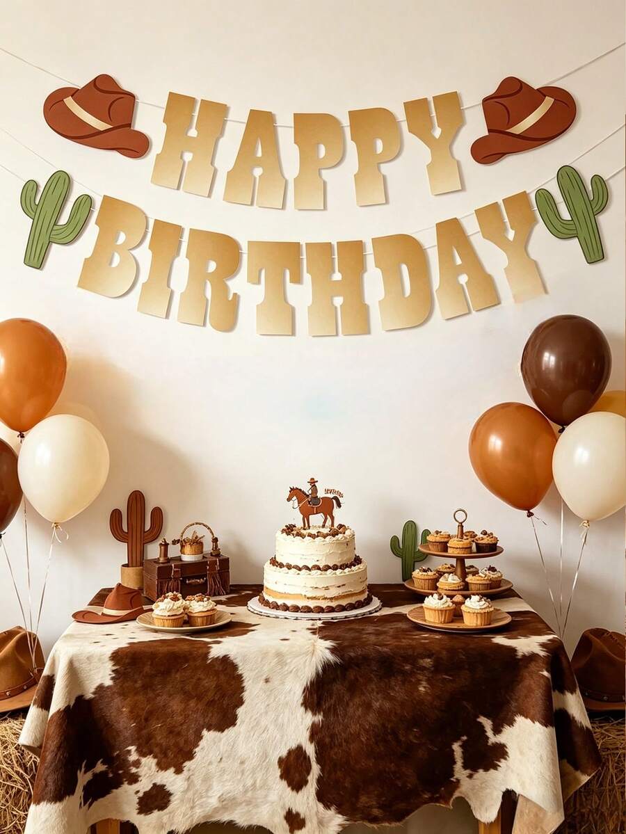 1套西部牛仔主題生日快樂橫幅，西部牛仔生日派對裝飾旗幟，附棕色牛仔帽圖案，生日派對背景裝飾橫幅，牛仔主題生日懸掛裝飾，居家裝飾，生日牆面裝飾，狂野西部牛仔生日裝飾，生日派對用品，生日禮物 - 西部牛仔 - 查看 1