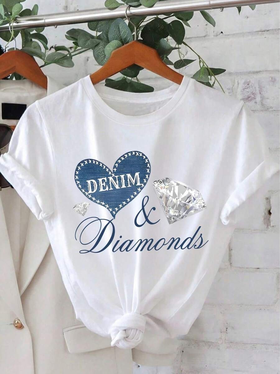 [Pantalones Estampados - No Tela Denim] 1pc Camiseta de Manga Corta con Cuello Redondo y Patrón de Corazón y Diamante de Imitación Denim para Mujer, Top de Moda Casual para Mujer, Ropa de Moda para Mujer, Regalo de Vacaciones, Regalo de Cumpleaños - Blanco - Ver 1