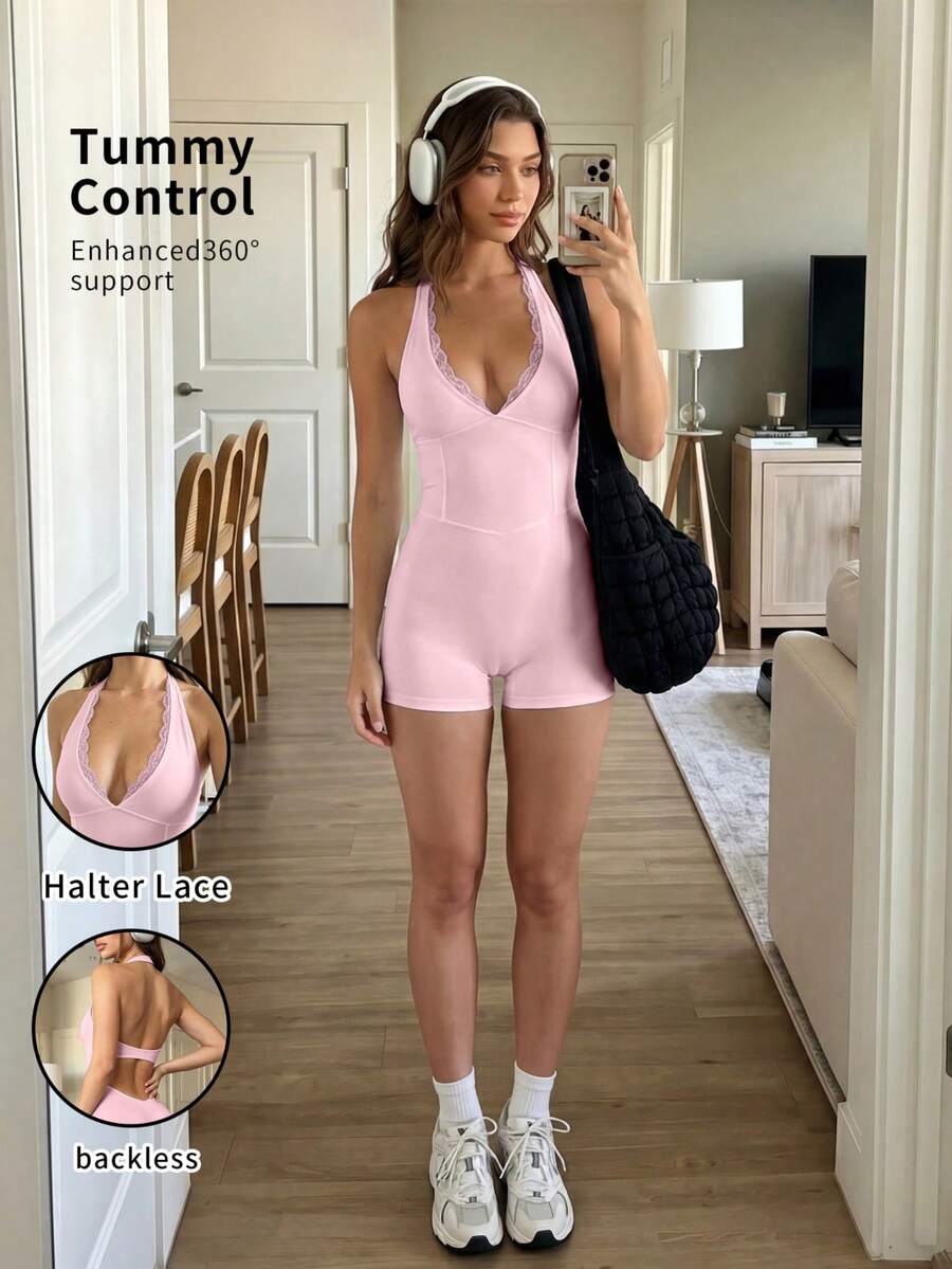 6pecil Bộ jumpsuit nữ mùa hè 2026 gợi cảm với ren, cổ yếm, cổ chữ V, hở lưng, cổ chữ V sâu, thích hợp cho tiệc tùng, thường ngày, yoga, thể dục thể thao. - Hồng - Xem 1