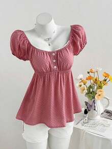Blusa de manga corta con estampado de lunares y cuello cuadrado cómoda para mujer - Rosa vieja - Ver 5