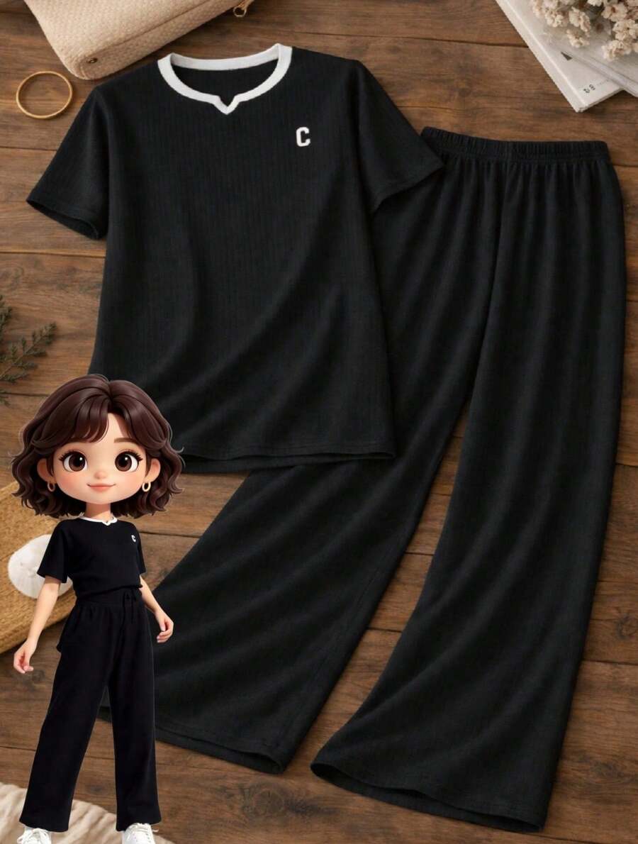 Ladies Two Piece Set Camiseta Manga Corta + Wide Leg Pants - Negro - Ver 1