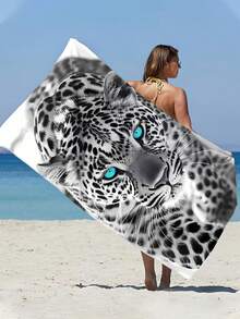 [Secado rápido y suave] Toalla de playa de microfibra portátil de verano absorbente | 70*140/90*180cm con bolsa de almacenamiento | Estampado de leopardo de las nieves de ojos azules | Adecuado para natación, decoración de baño, uso en la playa, camping, fitness, viajes - Multicolor - Ver 11