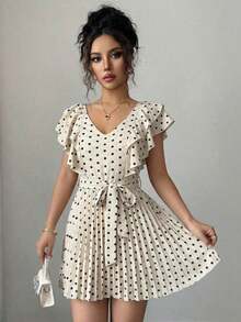 Vestido elegante y romántico para vacaciones con cuello en V con volantes, cintura ceñida y estampado de lunares en forma de línea A para mujeres - Multicolor 3 - Ver 5