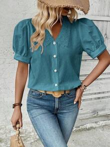 Camisa casual de mujer de manga corta con encaje de contraste - Azul - Ver 3