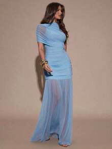 X GALILEA   Vestido ajustado con pliegues elegantes, adecuado para cóctel, cita romántica, capas de otoño/invierno, fiesta, reunión formal, Halloween, Navidad - Celeste - Ver 5