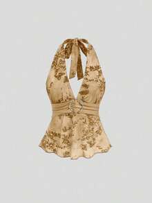 Camiseta de tirantes con cuello halter y estampado romántico retro para mujer - Albaricoque - Ver 1