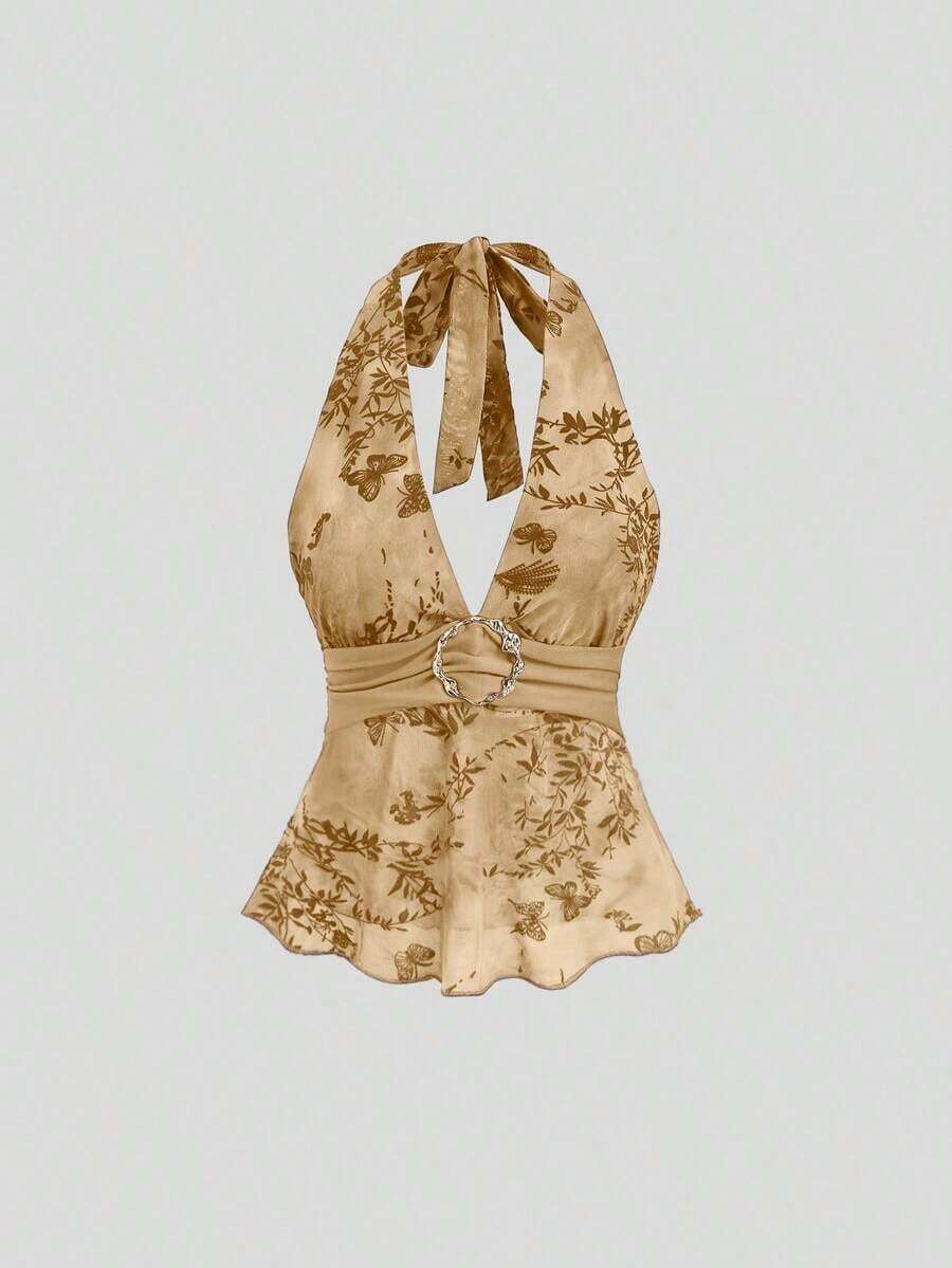Camiseta de tirantes con cuello halter y estampado romántico retro para mujer - Albaricoque - Ver 1