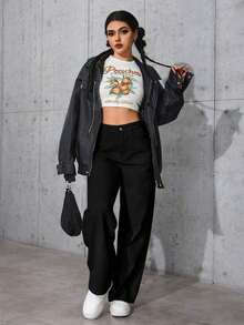 Jeans rectos y sueltos con bolsillos - Negro - Ver 6