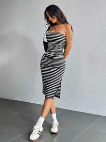 Vestido ajustado de tubo a rayas blancas y negras con abertura en los muslos para el atuendo de verano - Blanco y Negro - Ver 5