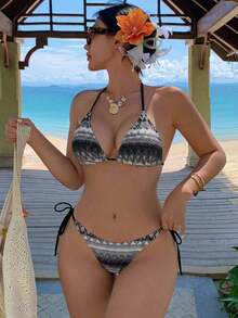 Conjunto de bikini de 2 piezas de punto texturizado con parte superior de cuello halter y nudo delantero, en colores contrastantes - Negro - Ver 6