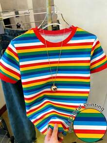 Camiseta de mujer de manga corta, cuello redondo y rayas, informal, para verano - Multicolor 7 - Ver 5