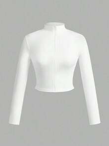 Set de 3 camisetas casuales de mujer con cuello en V, media cremallera y mangas largas ajustadas, en colores blanco + negro + gris - Verde militar - Ver 4