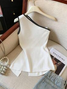 Blusa casual de vacaciones para mujer con estampado de lunares, sin mangas y con bajo dividido - Multicolor - Ver 2