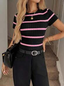 Camiseta de mujer de cuello redondo, ajustada, con textura acanalada, casual, elegante, cómoda para vacaciones y uso diario - Negro - Ver 6
