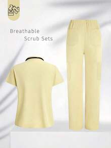 Conjunto de uniforme azul marino para mujer, hecho de tela de alta calidad y transpirable, adecuado para deportes, enfermería y trabajo, con bolsillos, perneras acampanadas, conjunto de uniforme de moda, adecuado para clínicas dentales, conjunto de unifor - Amarillo - Ver 4