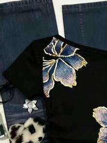 Camiseta casual versátil de mujer con hombro asimétrico y mangas cortas a rayas - Multicolor 6 - Ver 4