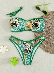 Set de 2 piezas Bikini bandeau con estampado floral rosa para mujer, con tirantes desmontables adecuado para vacaciones en la isla y sesiones de fotos en la playa en verano - Multicolor 16 - Ver 7