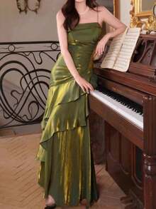 Vestido de fiesta elegante y distintivo de mujer, vestido de noche formal vintage, ajustado con tirantes finos, adecuado para cumpleaños, bodas, invitados, bailes de graduación, vacaciones de primavera en la playa - Verde - Ver 5