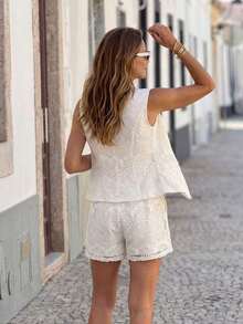Conjunto de 2 piezas para mujer: Chaleco de metal de un solo pecho y shorts para el verano - Beis 2 - Ver 2
