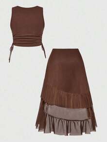 Country Spring/Summer Women's Hippie Vintage Music Festival Embroidered Sunflower Tank Top & Asymmetrical Hem Ruffle Hem Skirt 2 Pieces Set - 棕色 - 查看 2