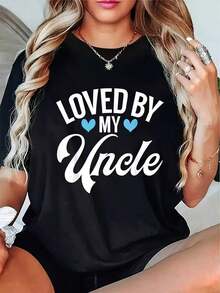 Camiseta de Mujer con Estampado "Amada por mi tío" |     Camiseta casual negra de cuello redondo con diseño de corazón, manga corta, ideal para primavera/verano/otoño. - Negro - Ver 6