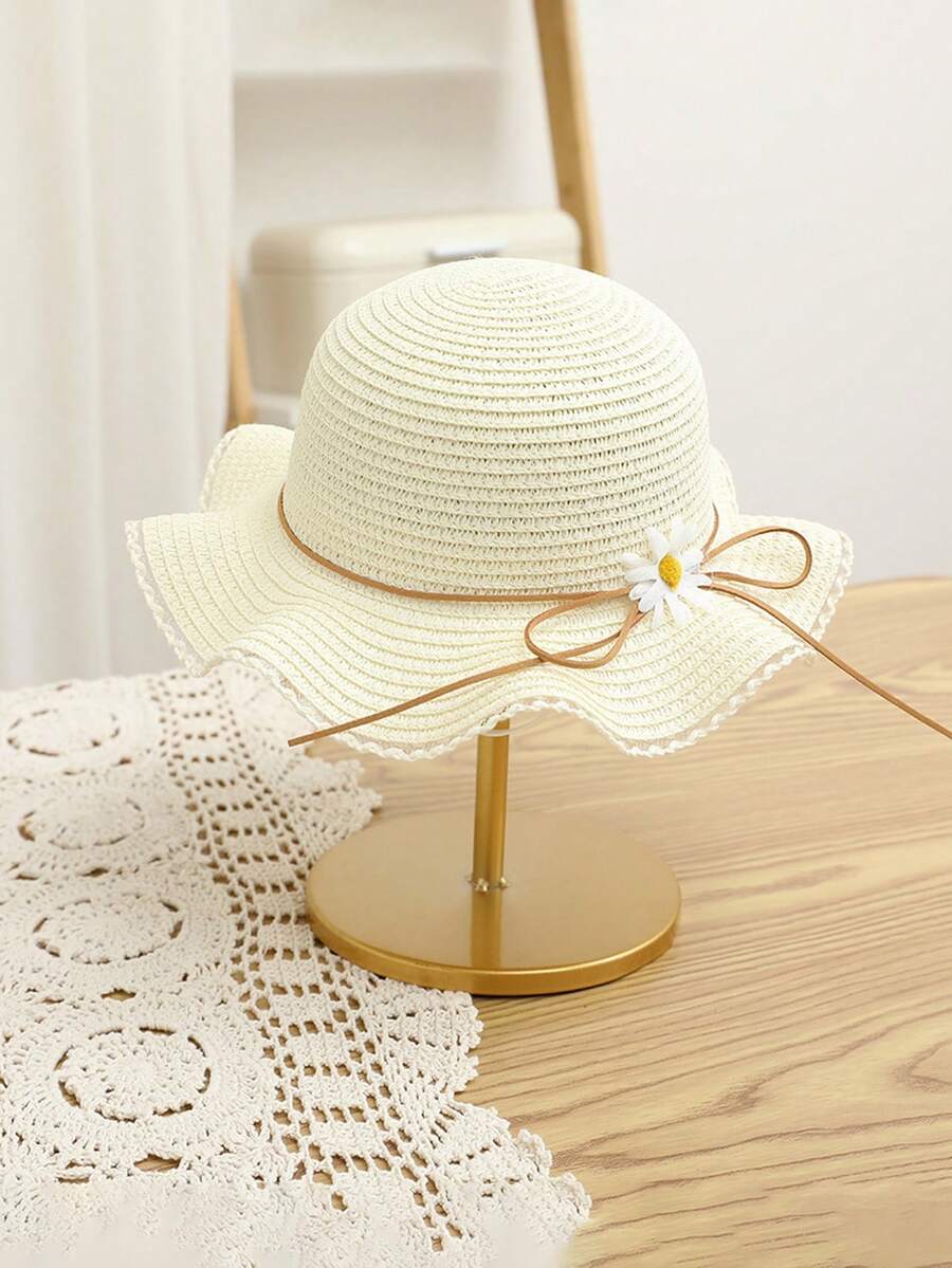 1pc Cute Princess Style Straw Sun Hat With Floral Decoration, Suitable For Toddler Girls Outdoor Activities, Beach And Daily Wear In Summer - White - View 1