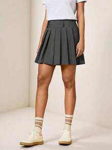 Falda plisada de línea A a cuadros de moda para mujer, adecuada para ir al trabajo - Gris Oscuro - Ver 5