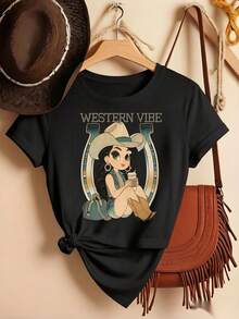 Women's Western Vibe Cowgirl Graphic Black Cotton T-Shirt, Short Sleeve Crew Neck Top With Medium Stretch Fabric For A Stylish Fall Look - 黑色 - 查看 1
